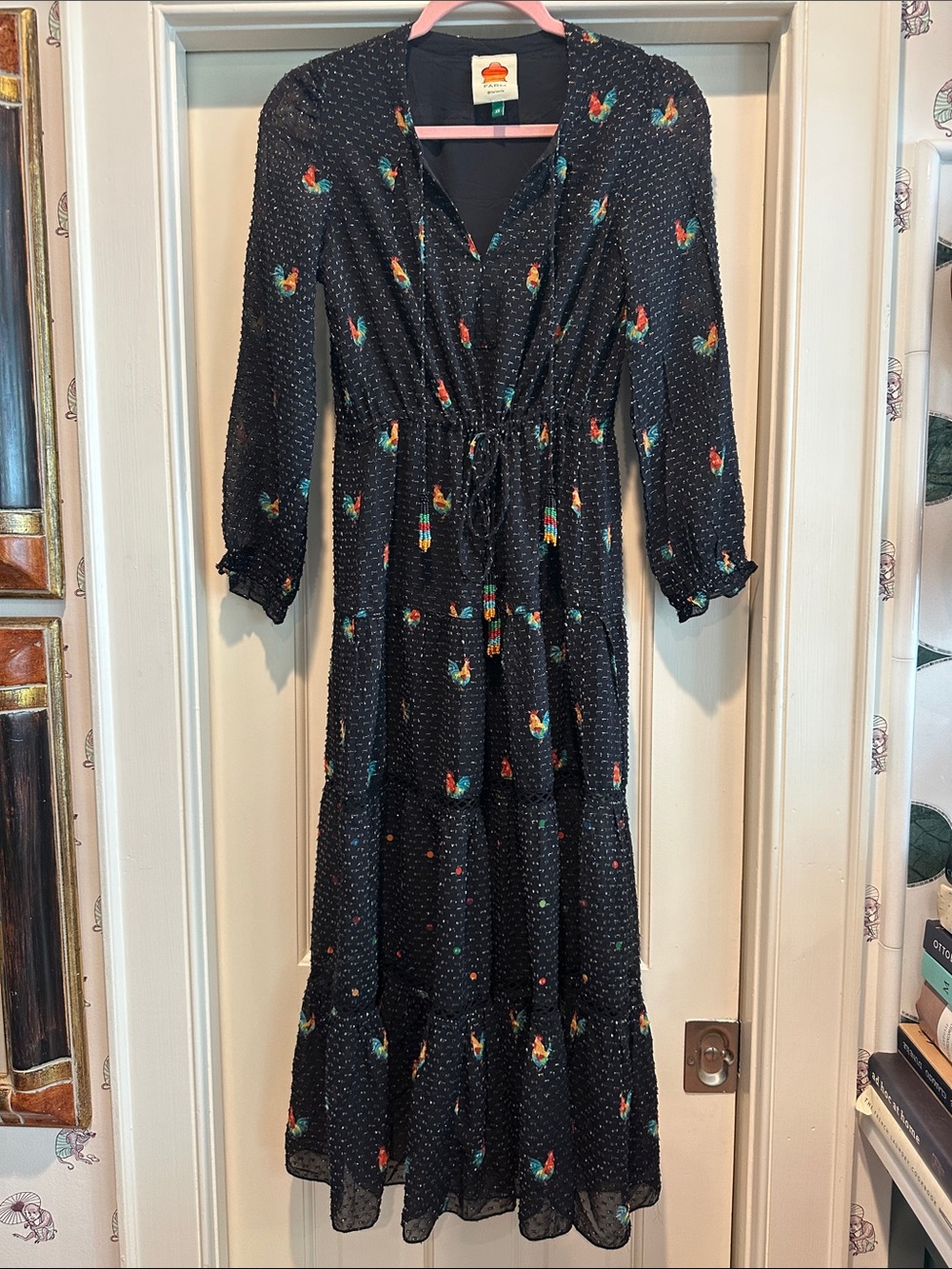 Farm Rio Chicken Tiered Midi Dress with Drawstring Waist